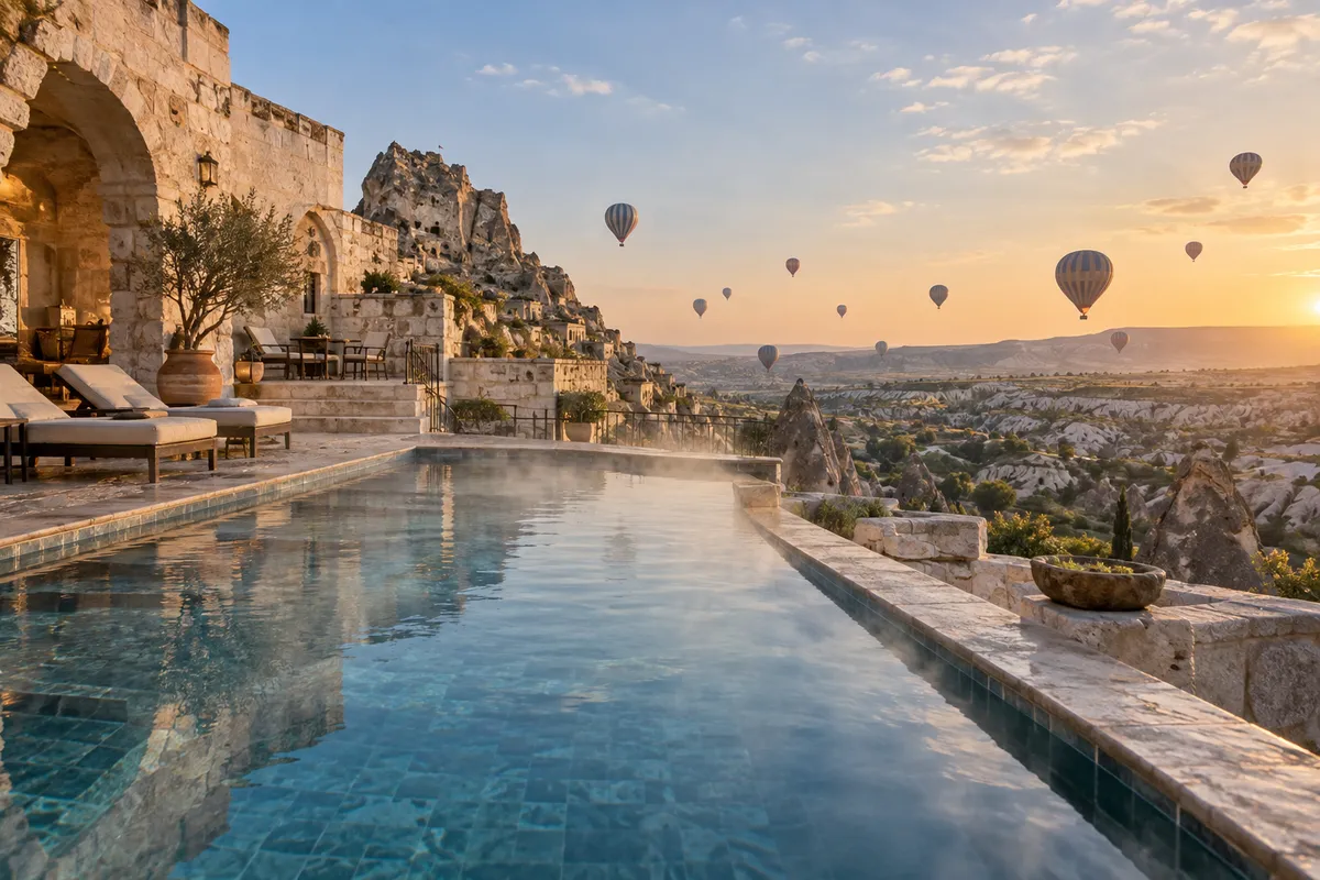 Подогреваемый бассейн Museum Hotel Cappadocia с видом на шары над Каппадокией