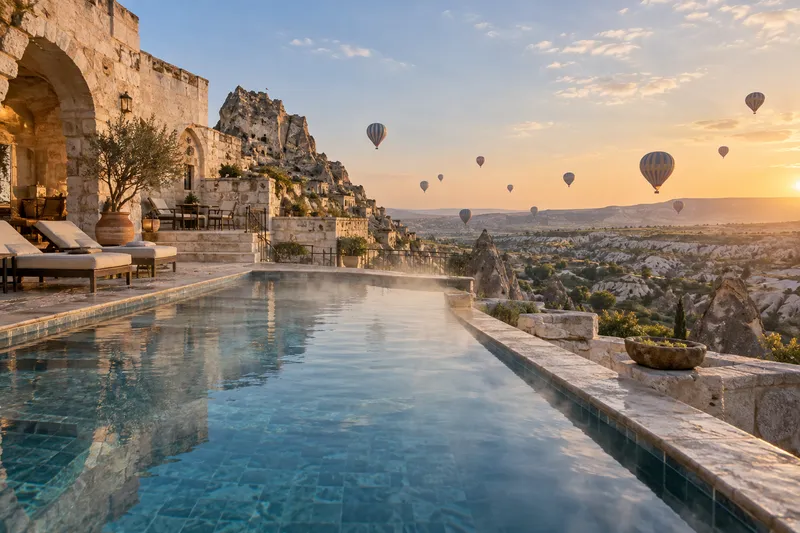 Подогреваемый бассейн Museum Hotel Cappadocia с видом на шары над Каппадокией