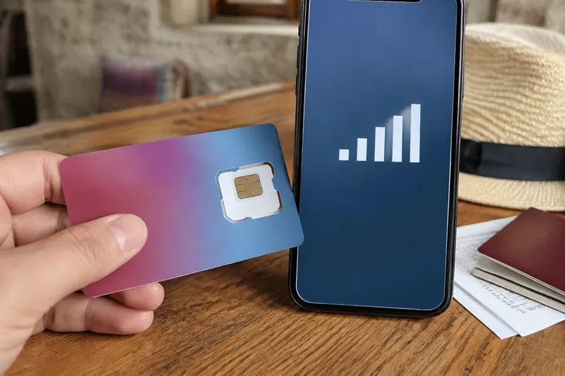 Туристическая SIM-карта рядом со смартфоном с индикатором мобильного сигнала